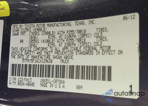 2012 Toyota Tundra Grade 5.7L V8 from USA, damaged, VIN 5TFRY5F16CX129630
